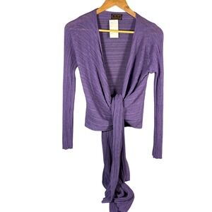 KA-MA Fashion Tie Front Cardigan Womens One Size Purple Ribbed Knit Greece